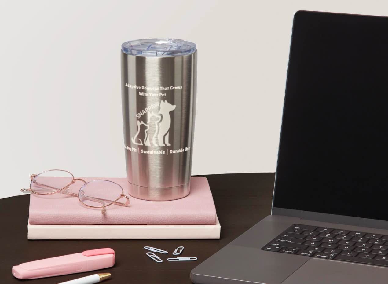 SNAPPAW insulated tumbler on a desk